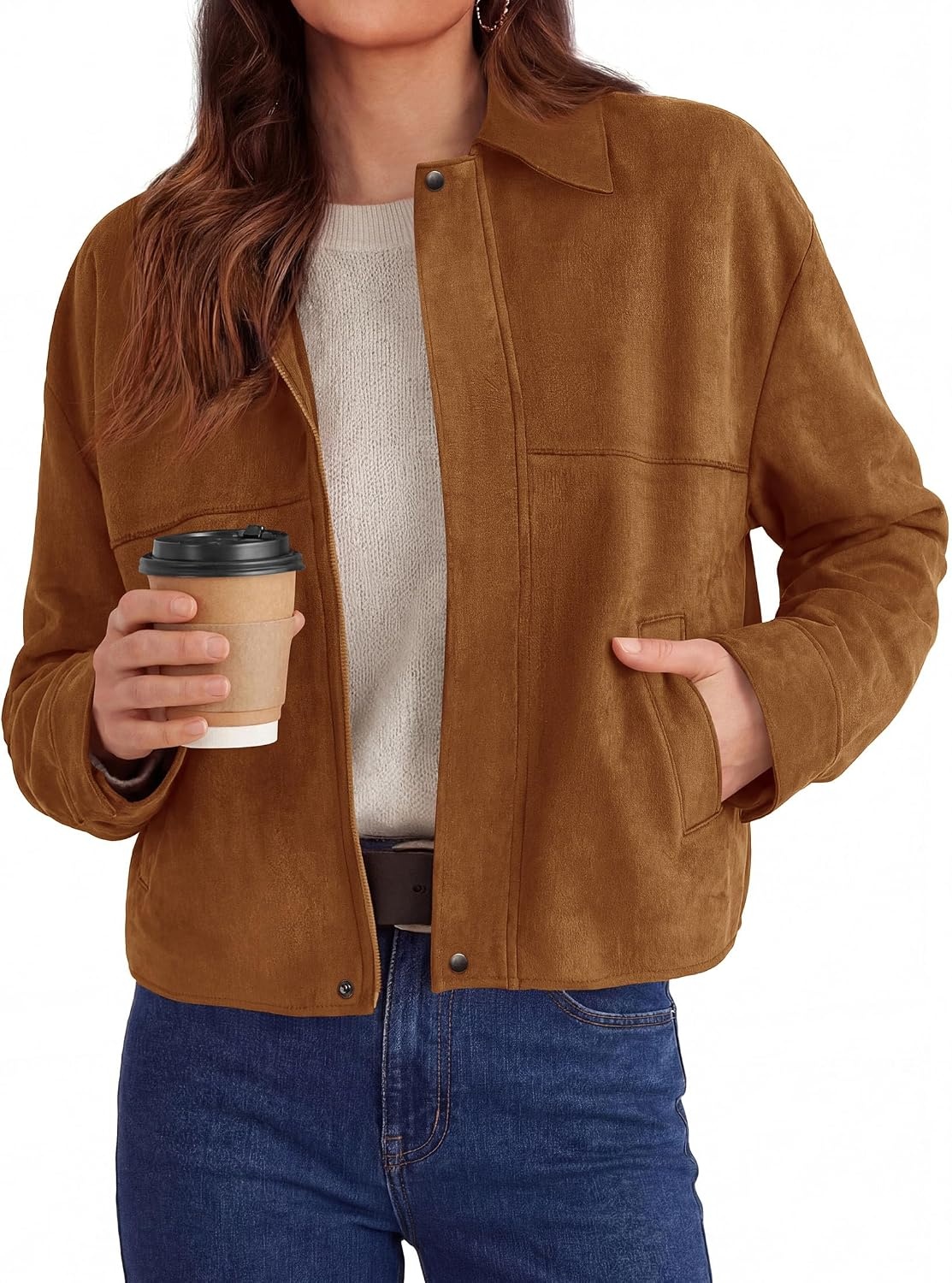 image:imagePRETTYGARDEN Womens Faux Suede Cropped Fall JacketsBrown