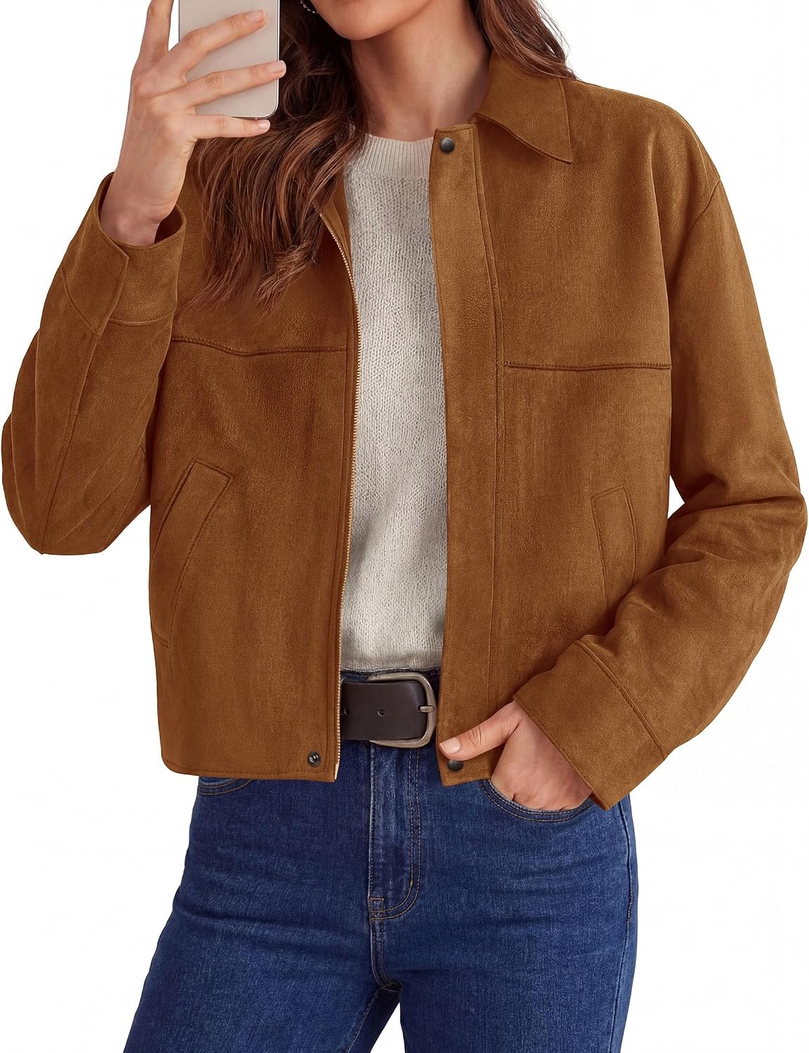 image:imagePRETTYGARDEN Womens Faux Suede Cropped Fall JacketsBrown