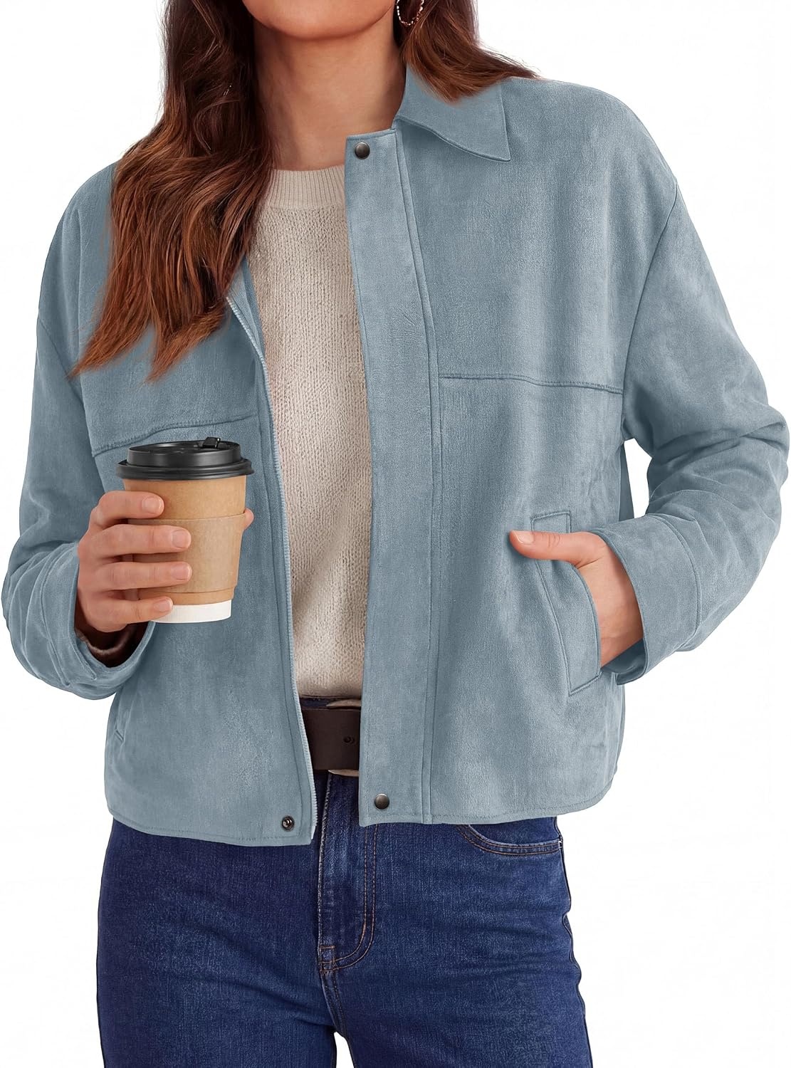 image:imagePRETTYGARDEN Womens Faux Suede Cropped Fall JacketsLight Blue
