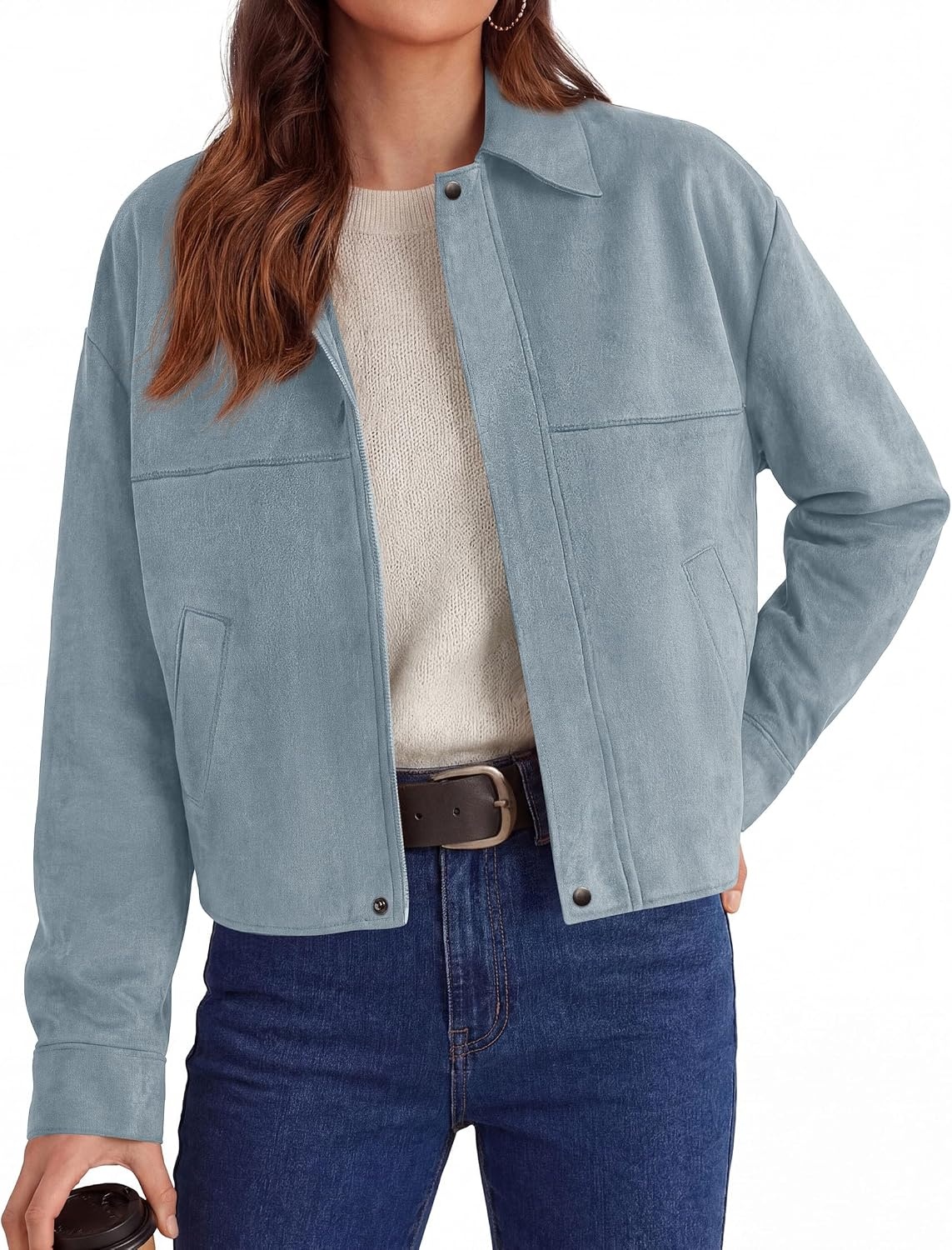 image:imagePRETTYGARDEN Womens Faux Suede Cropped Fall JacketsLight Blue