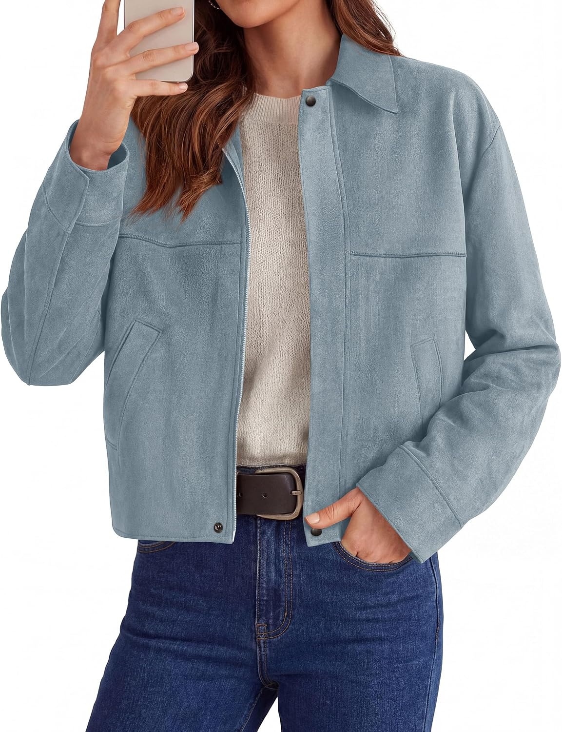 image:imagePRETTYGARDEN Womens Faux Suede Cropped Fall JacketsLight Blue