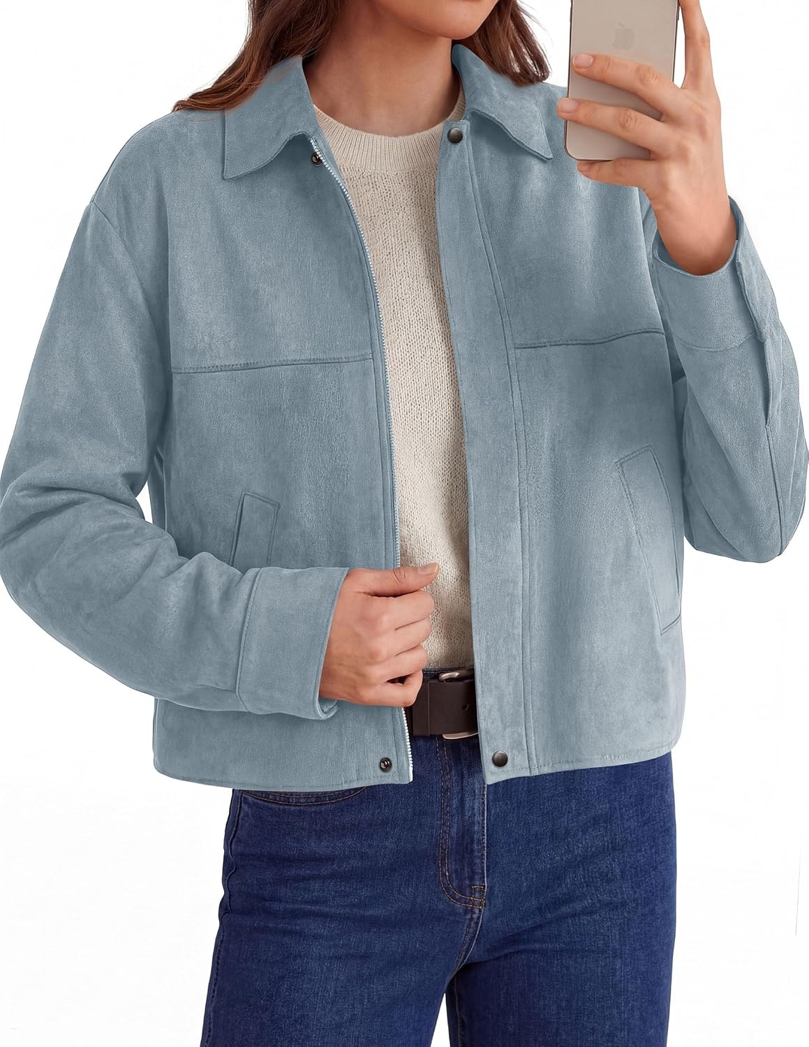 image:imagePRETTYGARDEN Womens Faux Suede Cropped Fall JacketsLight Blue