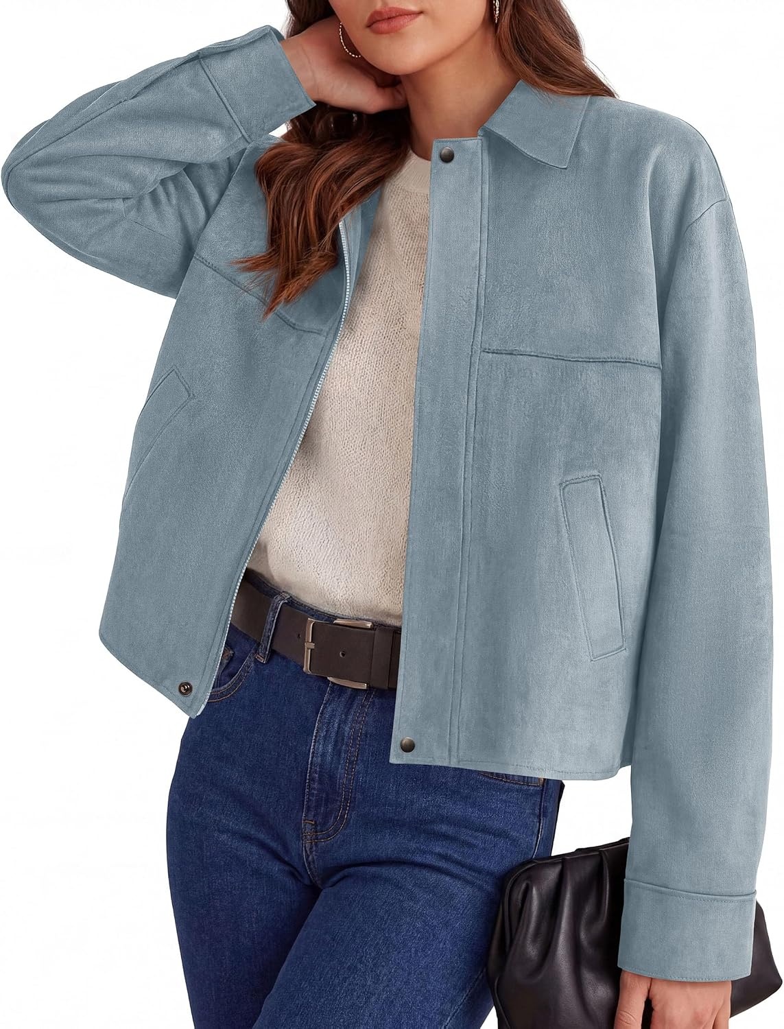 image:imagePRETTYGARDEN Womens Faux Suede Cropped Fall JacketsLight Blue