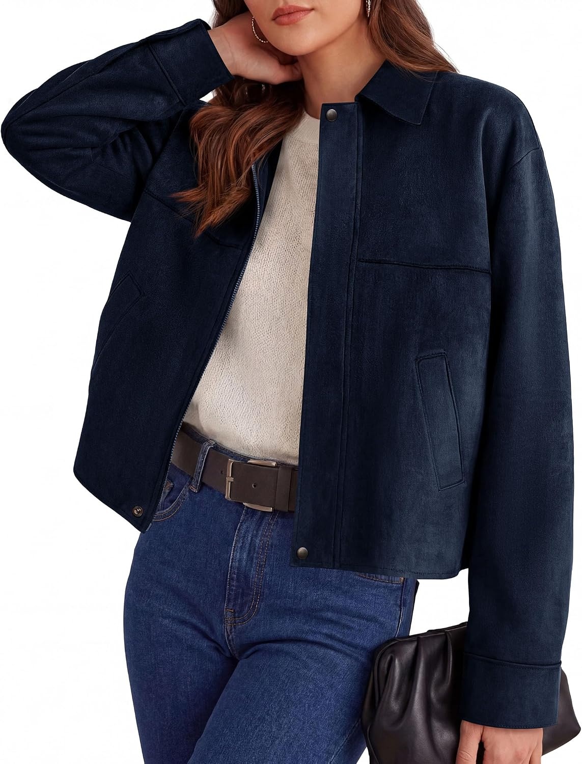 image:imagePRETTYGARDEN Womens Faux Suede Cropped Fall JacketsNavy