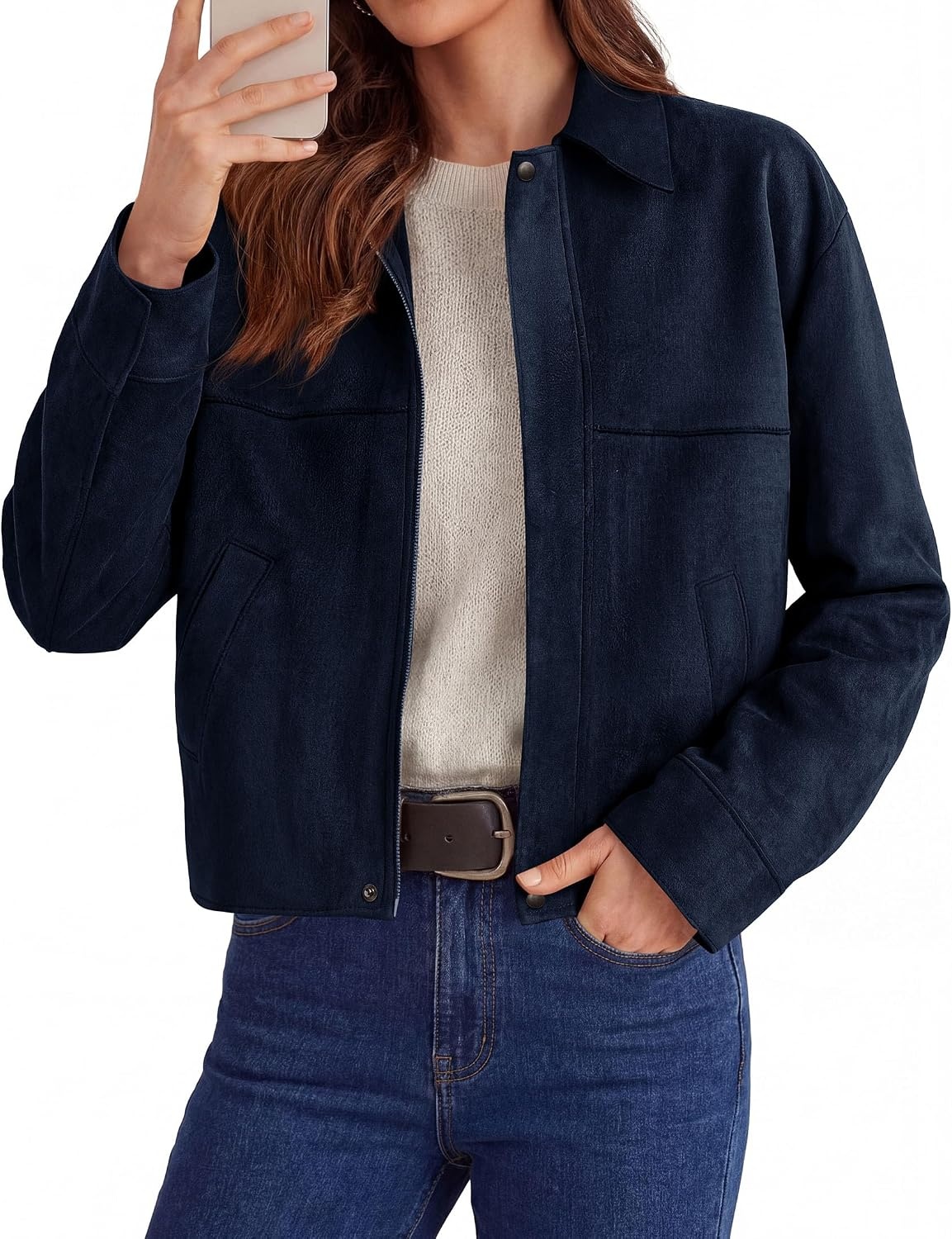image:imagePRETTYGARDEN Womens Faux Suede Cropped Fall JacketsNavy