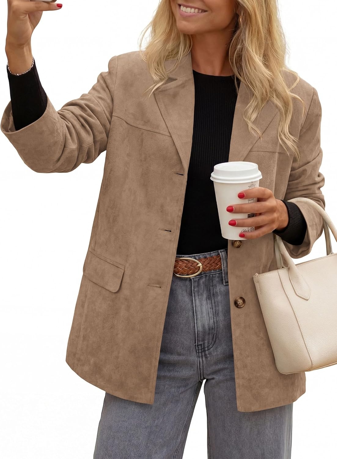 image:imagePRETTYGARDEN Womens Faux Suede Western Blazer JacketKhaki