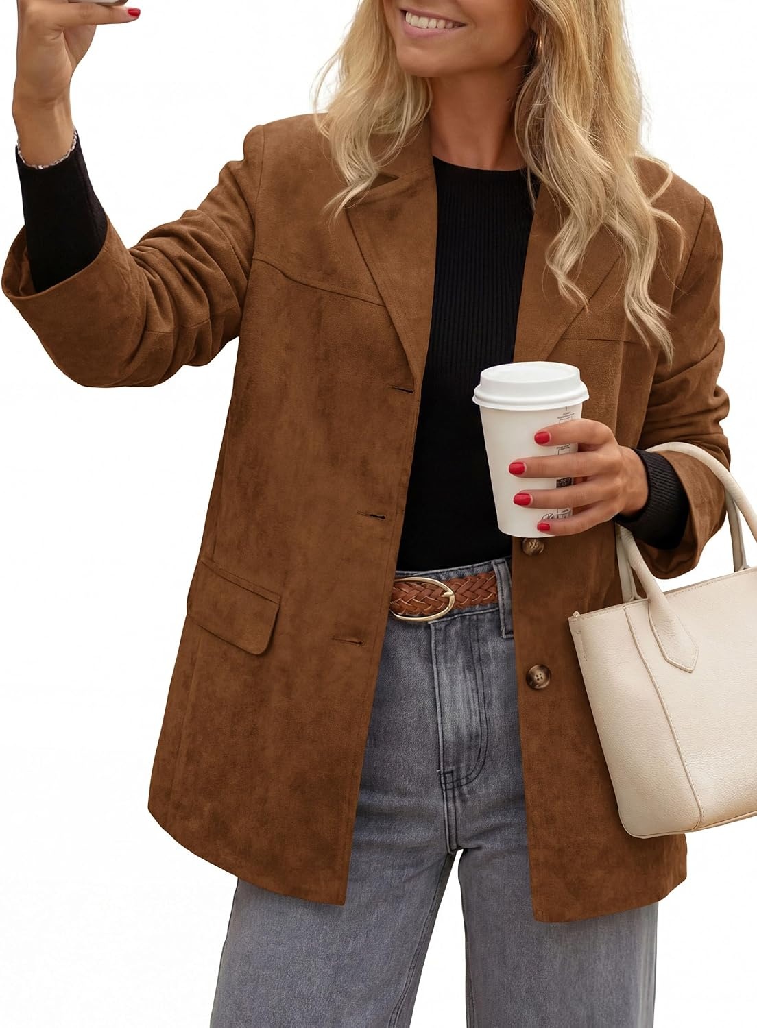 image:imagePRETTYGARDEN Womens Faux Suede Western Blazer JacketLight Brown