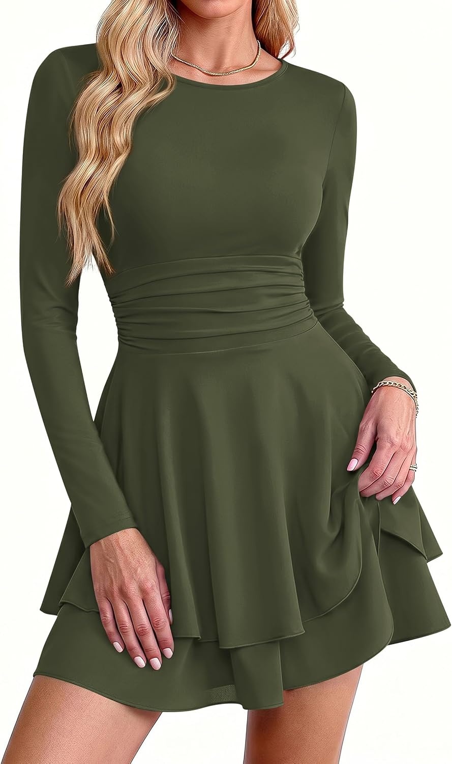 image:imagePRETTYGARDEN Womens Fit and Flare Crewneck Long Sleeve Mini DressArmy Green