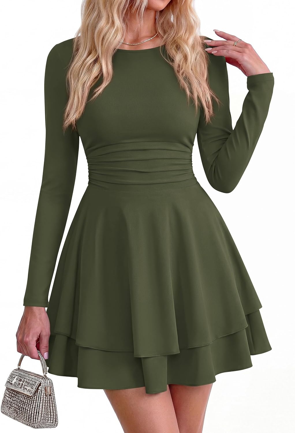image:imagePRETTYGARDEN Womens Fit and Flare Crewneck Long Sleeve Mini DressArmy Green