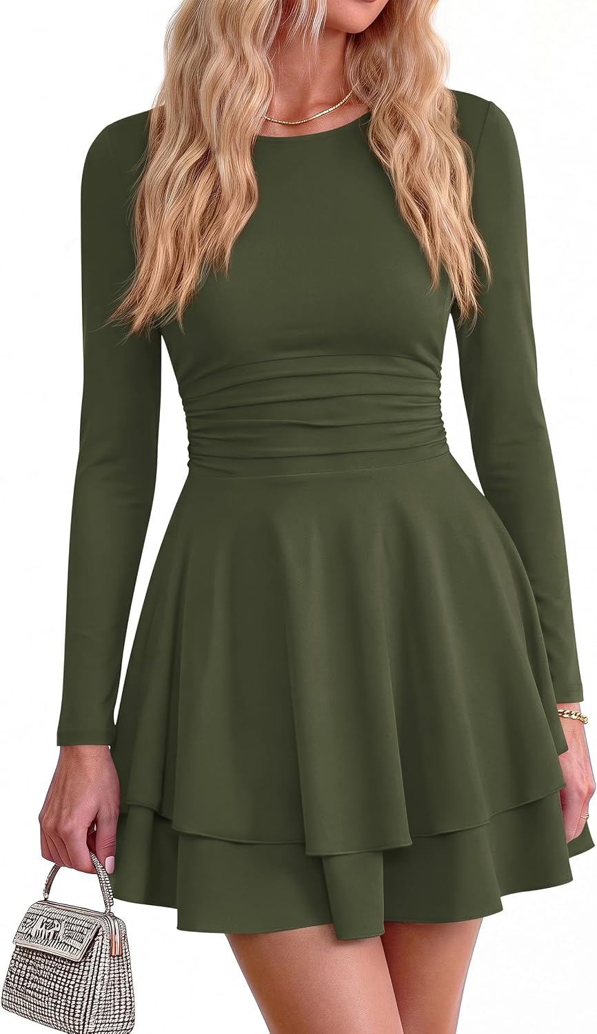 image:imagePRETTYGARDEN Womens Fit and Flare Crewneck Long Sleeve Mini DressArmy Green