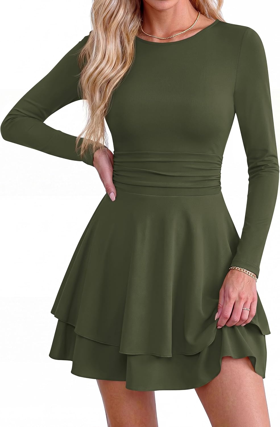 image:imagePRETTYGARDEN Womens Fit and Flare Crewneck Long Sleeve Mini DressArmy Green
