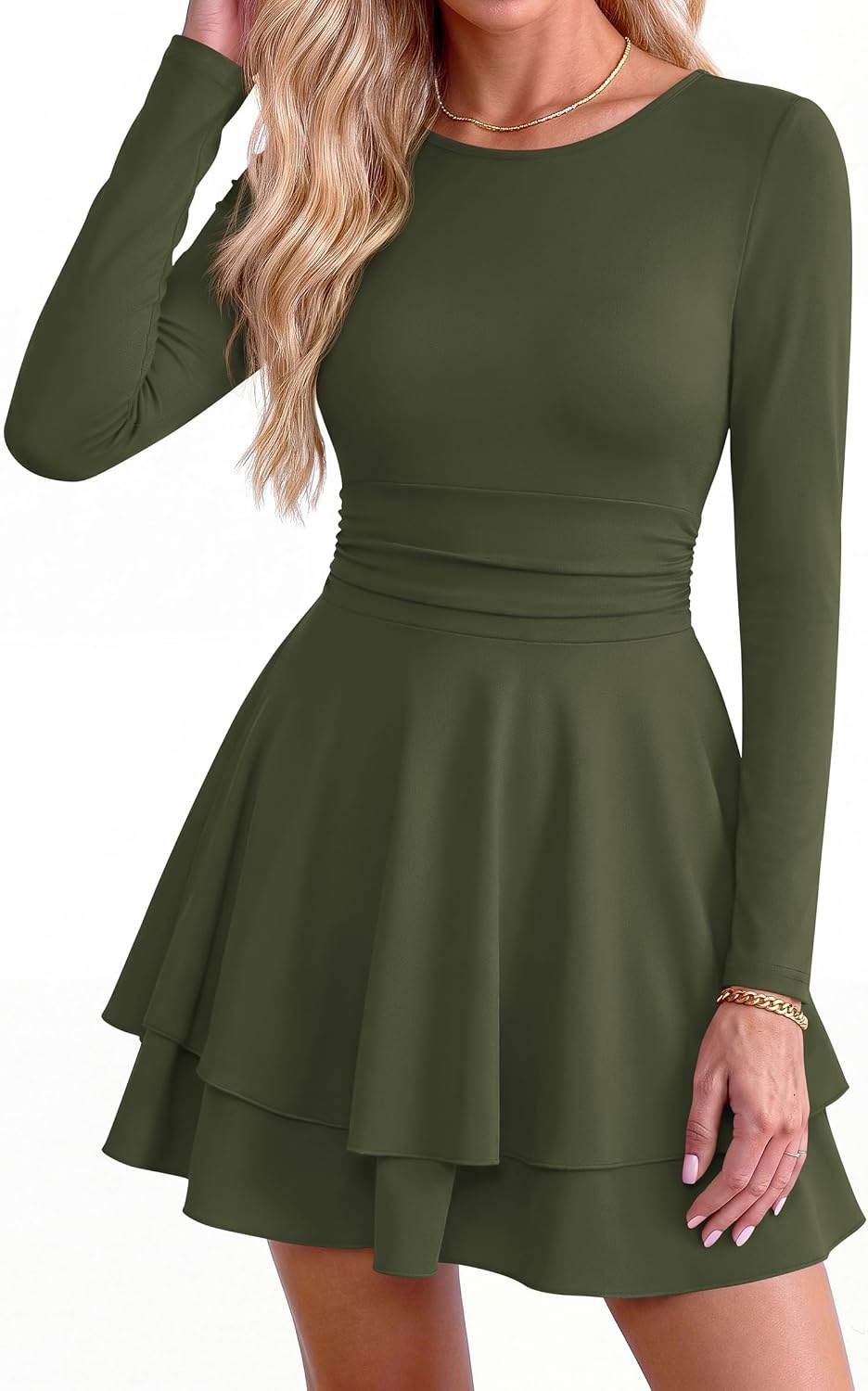 image:imagePRETTYGARDEN Womens Fit and Flare Crewneck Long Sleeve Mini DressArmy Green
