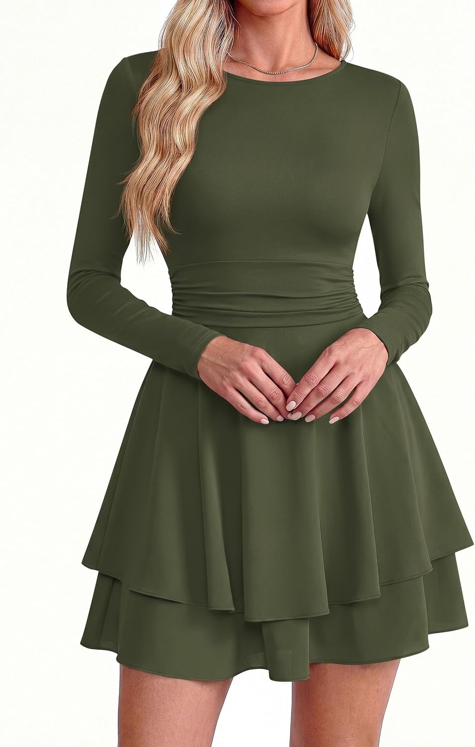 image:imagePRETTYGARDEN Womens Fit and Flare Crewneck Long Sleeve Mini DressArmy Green
