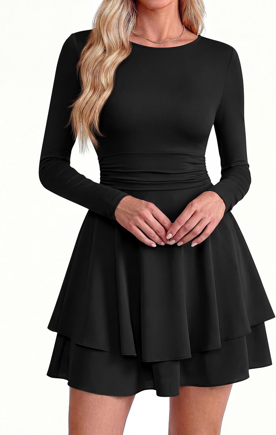 image:imagePRETTYGARDEN Womens Fit and Flare Crewneck Long Sleeve Mini DressBlack