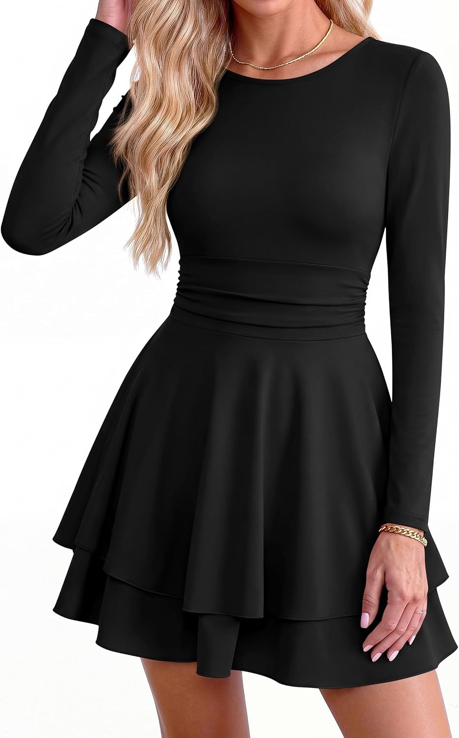 image:imagePRETTYGARDEN Womens Fit and Flare Crewneck Long Sleeve Mini DressBlack