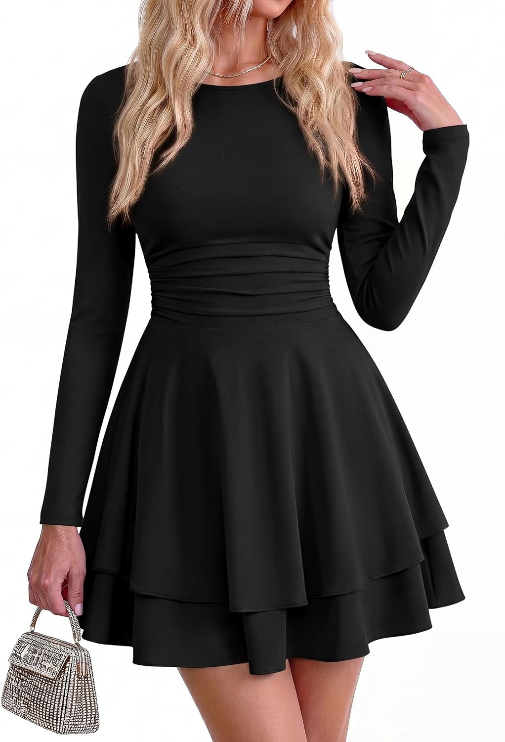 image:imagePRETTYGARDEN Womens Fit and Flare Crewneck Long Sleeve Mini DressBlack