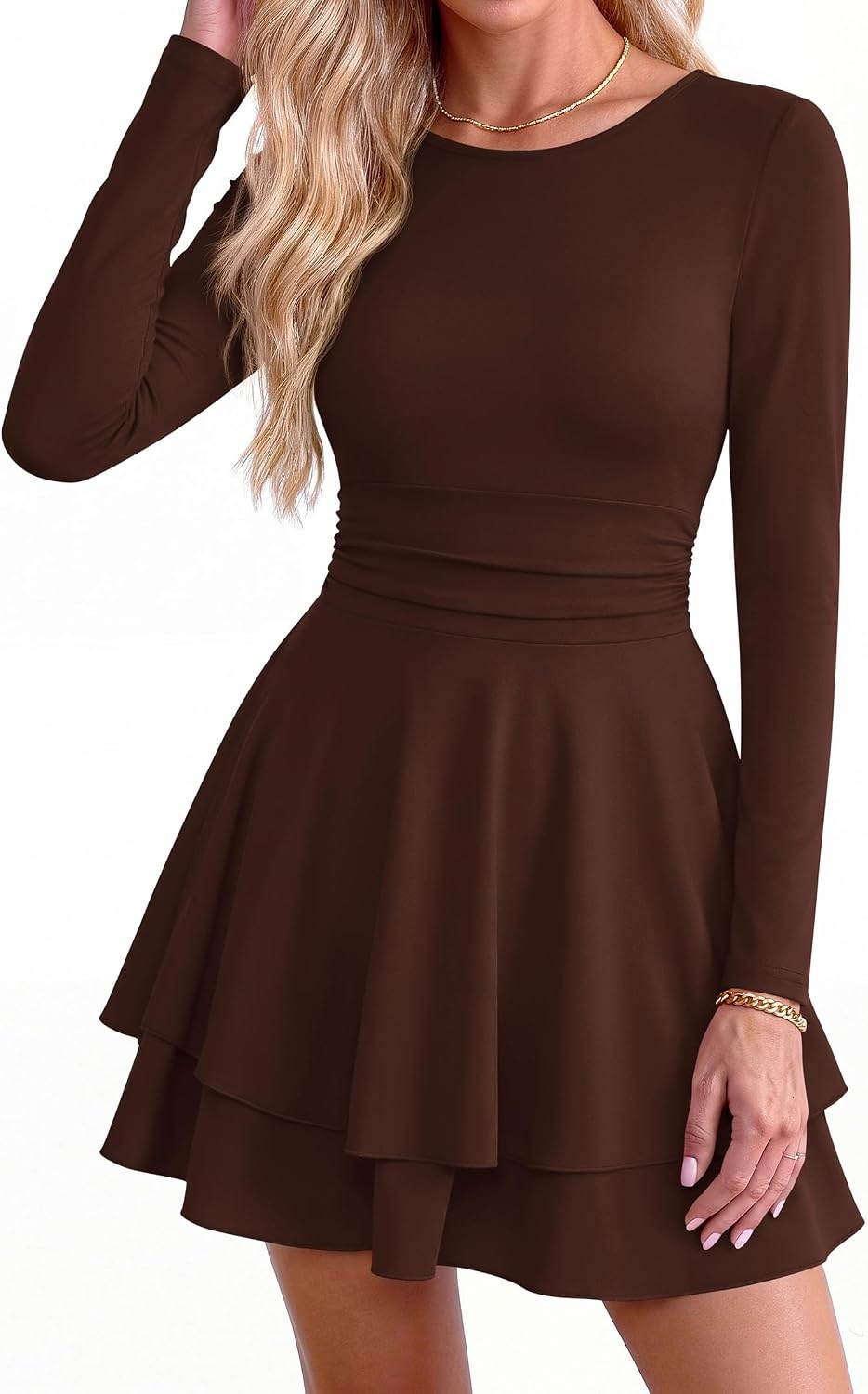 image:imagePRETTYGARDEN Womens Fit and Flare Crewneck Long Sleeve Mini DressBrown