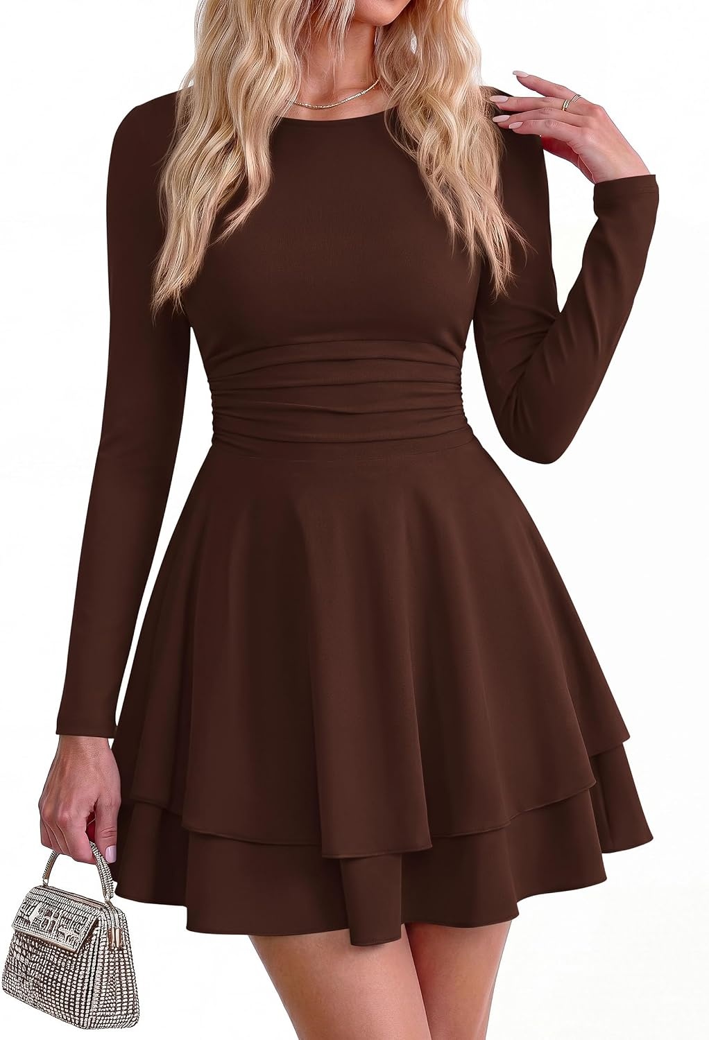 image:imagePRETTYGARDEN Womens Fit and Flare Crewneck Long Sleeve Mini DressBrown