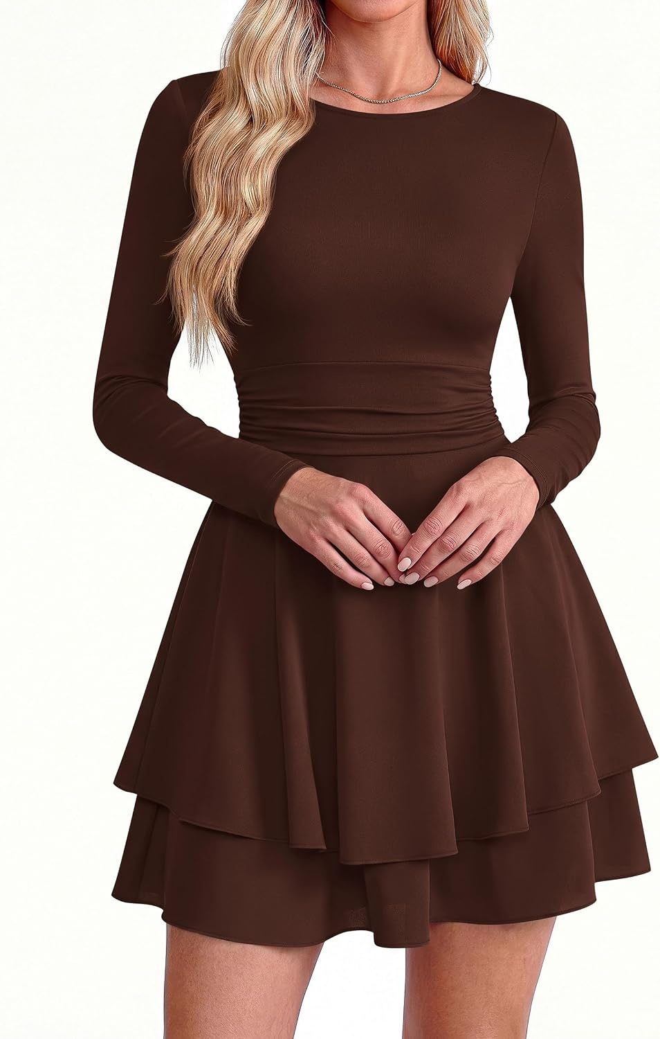 image:imagePRETTYGARDEN Womens Fit and Flare Crewneck Long Sleeve Mini DressBrown