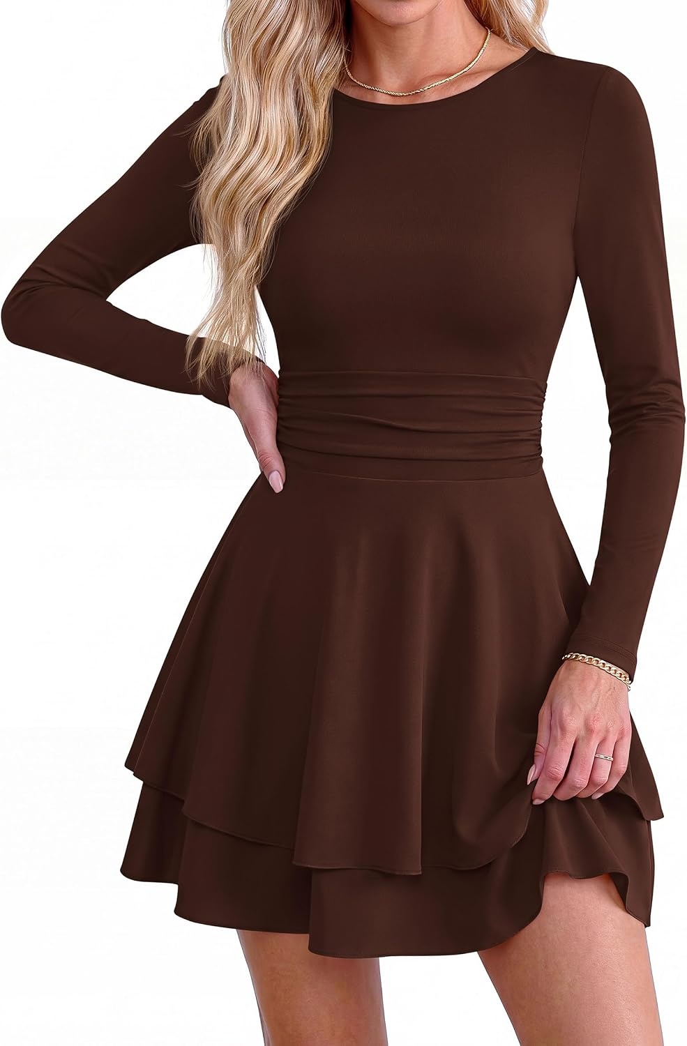 image:imagePRETTYGARDEN Womens Fit and Flare Crewneck Long Sleeve Mini DressBrown