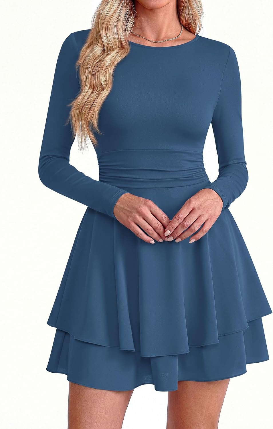 image:imagePRETTYGARDEN Womens Fit and Flare Crewneck Long Sleeve Mini DressGrey Blue