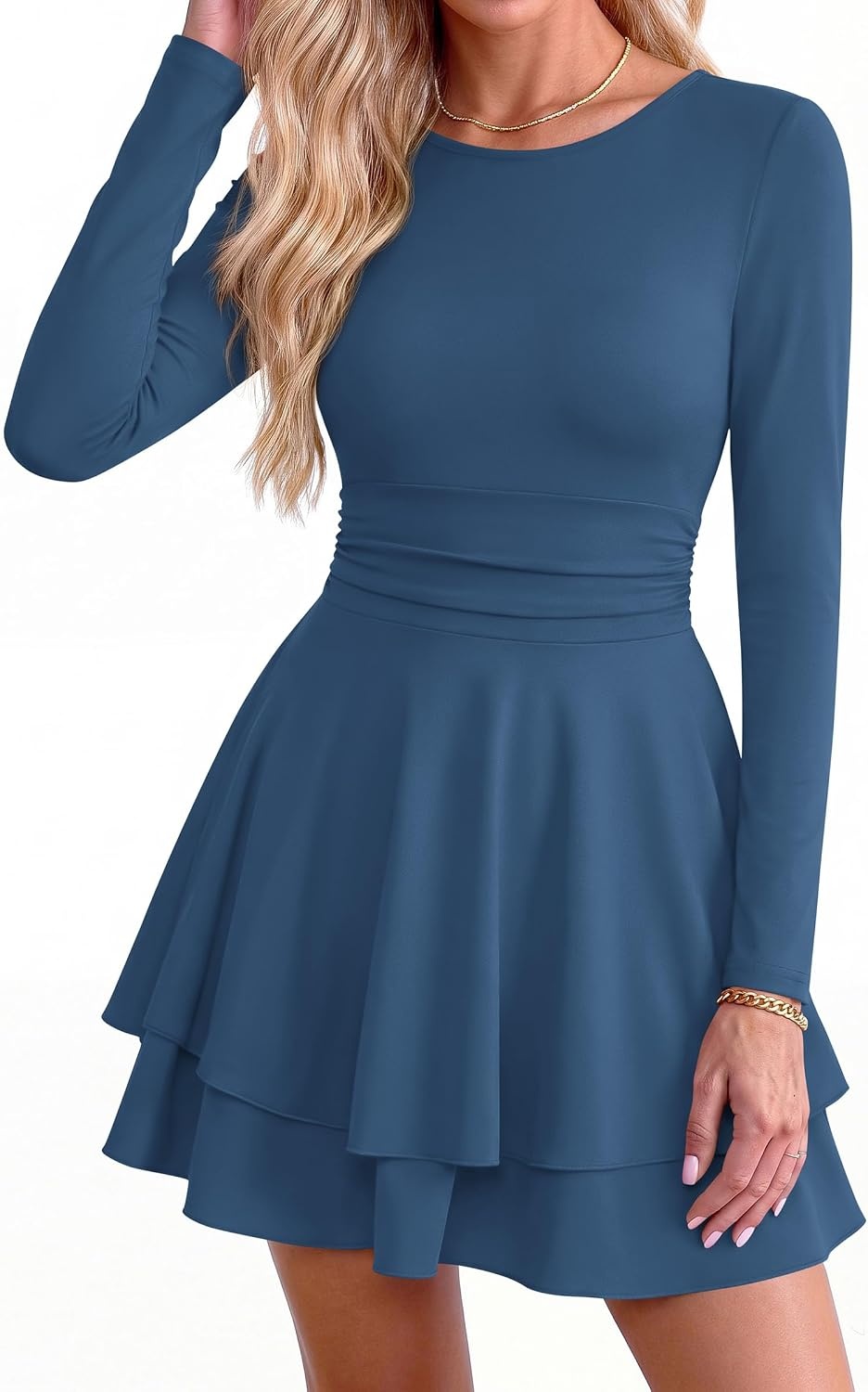 image:imagePRETTYGARDEN Womens Fit and Flare Crewneck Long Sleeve Mini DressGrey Blue