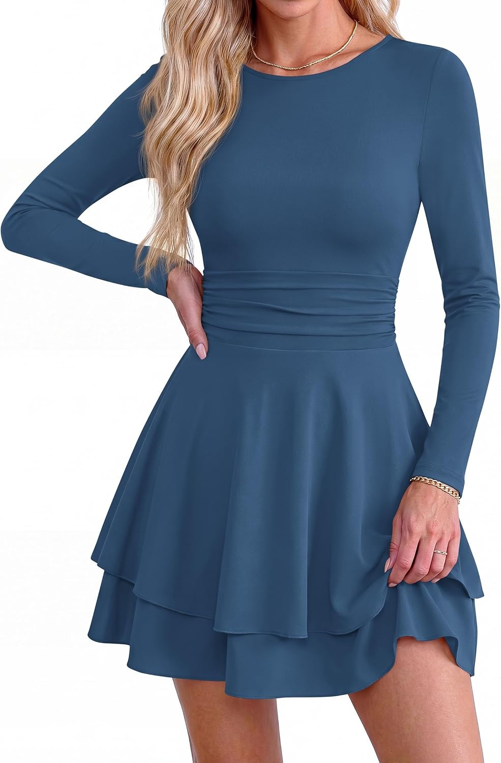 image:imagePRETTYGARDEN Womens Fit and Flare Crewneck Long Sleeve Mini DressGrey Blue
