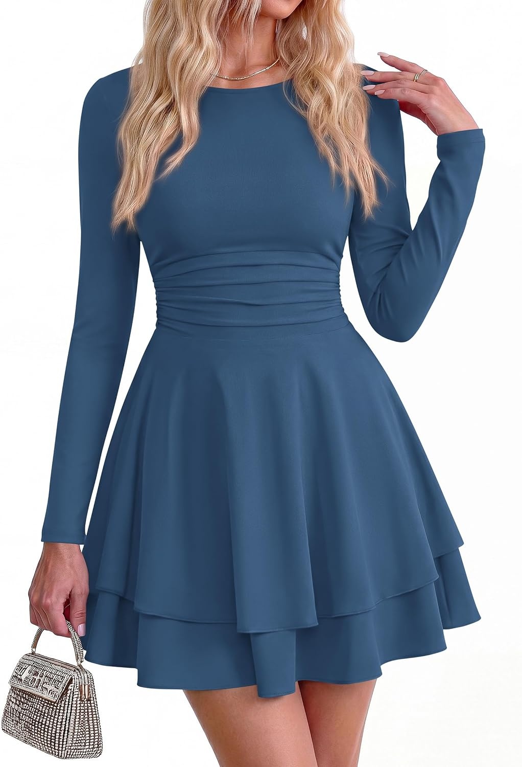 image:imagePRETTYGARDEN Womens Fit and Flare Crewneck Long Sleeve Mini DressGrey Blue