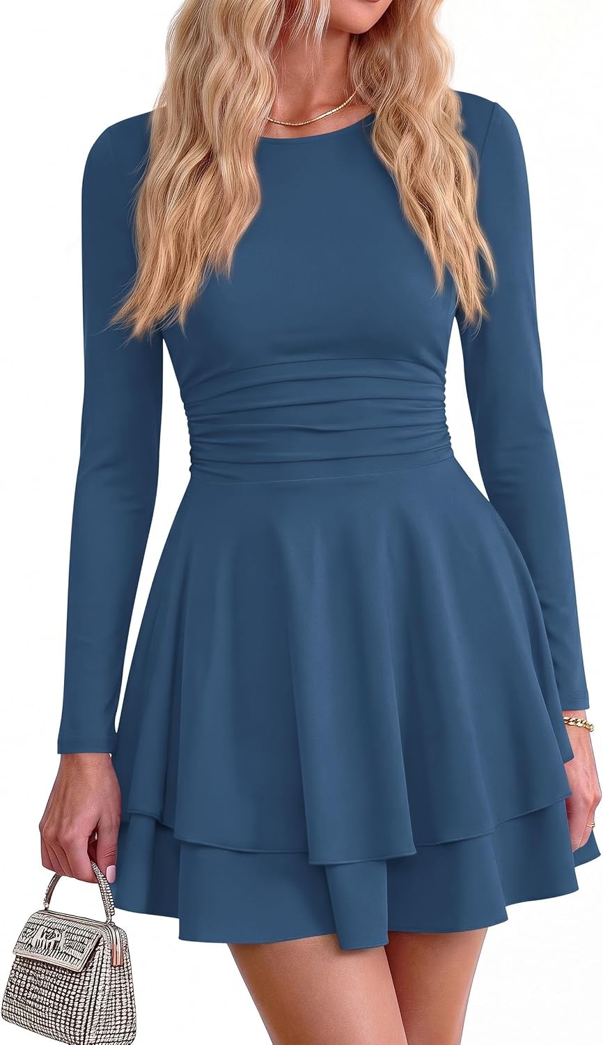 image:imagePRETTYGARDEN Womens Fit and Flare Crewneck Long Sleeve Mini DressGrey Blue