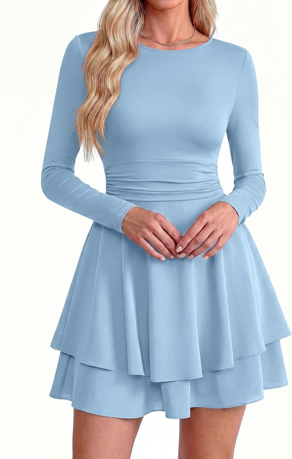 image:imagePRETTYGARDEN Womens Fit and Flare Crewneck Long Sleeve Mini DressLight Blue