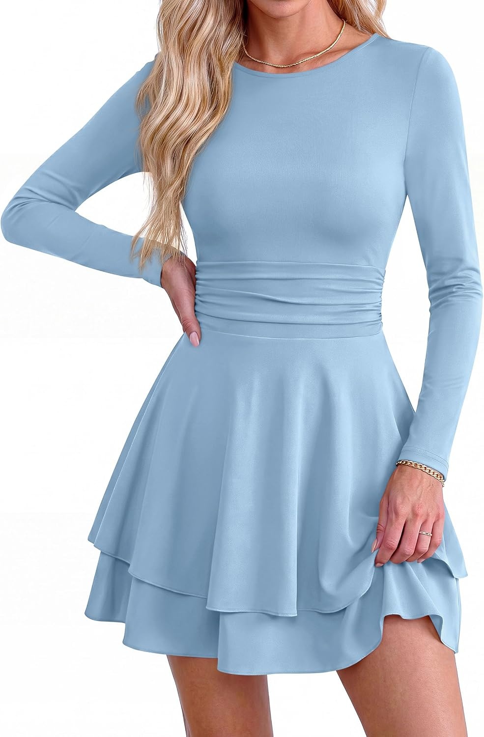image:imagePRETTYGARDEN Womens Fit and Flare Crewneck Long Sleeve Mini DressLight Blue
