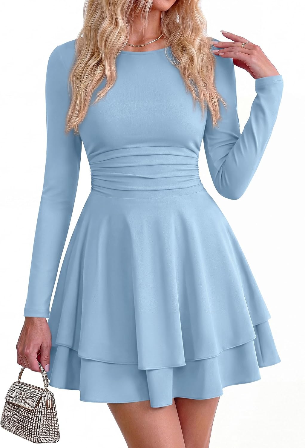 image:imagePRETTYGARDEN Womens Fit and Flare Crewneck Long Sleeve Mini DressLight Blue