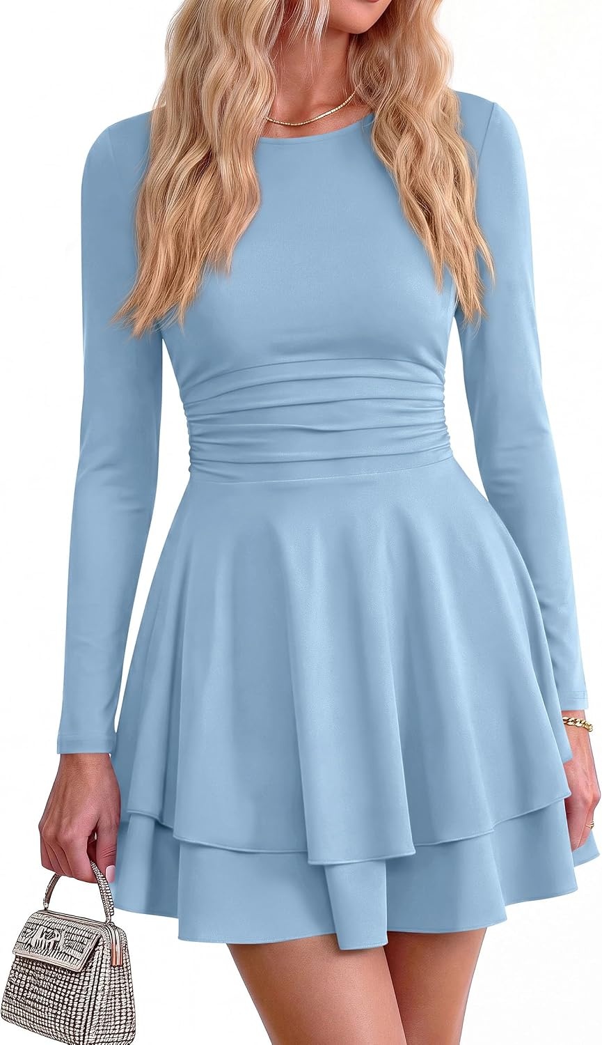 image:imagePRETTYGARDEN Womens Fit and Flare Crewneck Long Sleeve Mini DressLight Blue