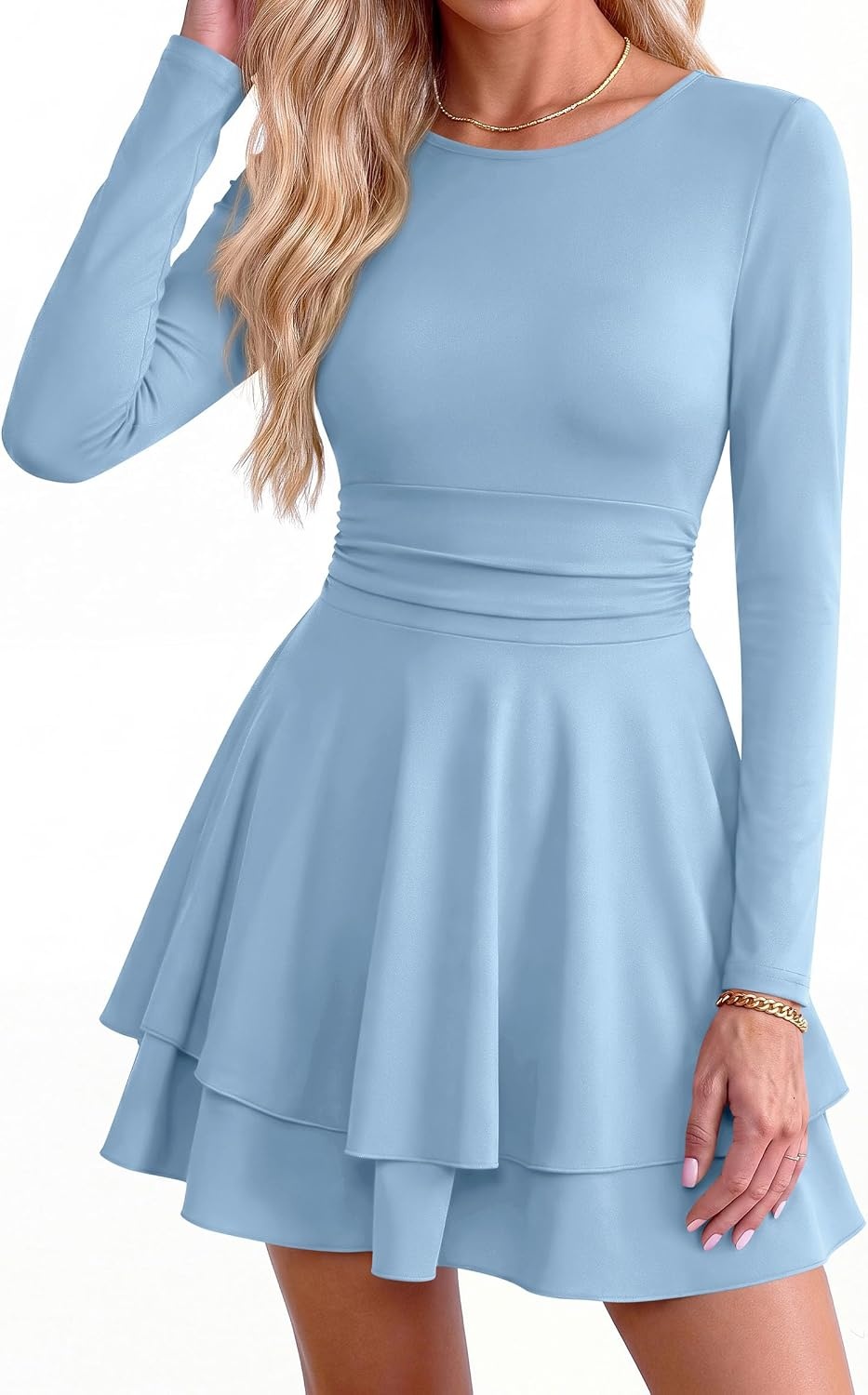 image:imagePRETTYGARDEN Womens Fit and Flare Crewneck Long Sleeve Mini DressLight Blue
