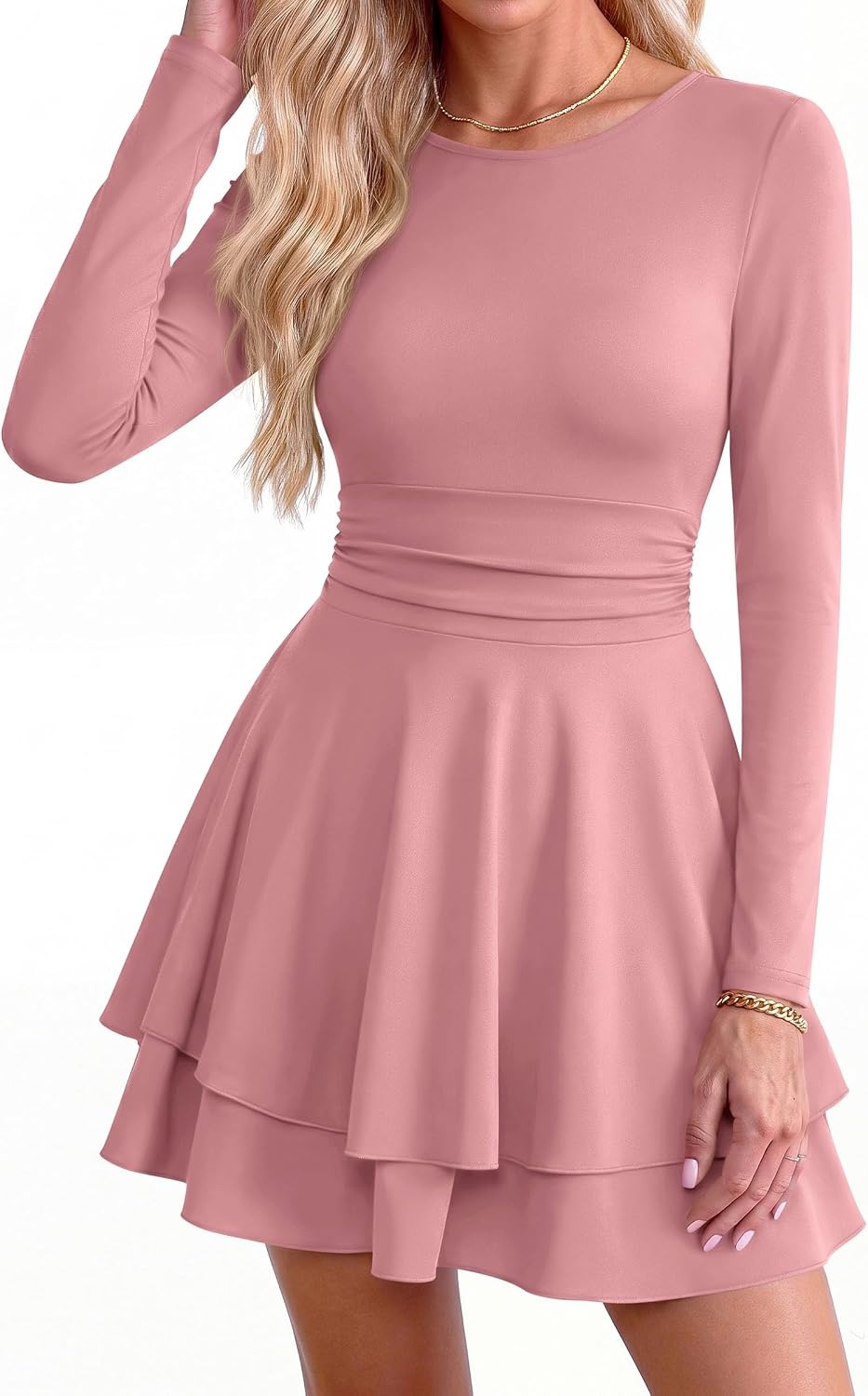 image:imagePRETTYGARDEN Womens Fit and Flare Crewneck Long Sleeve Mini DressPink