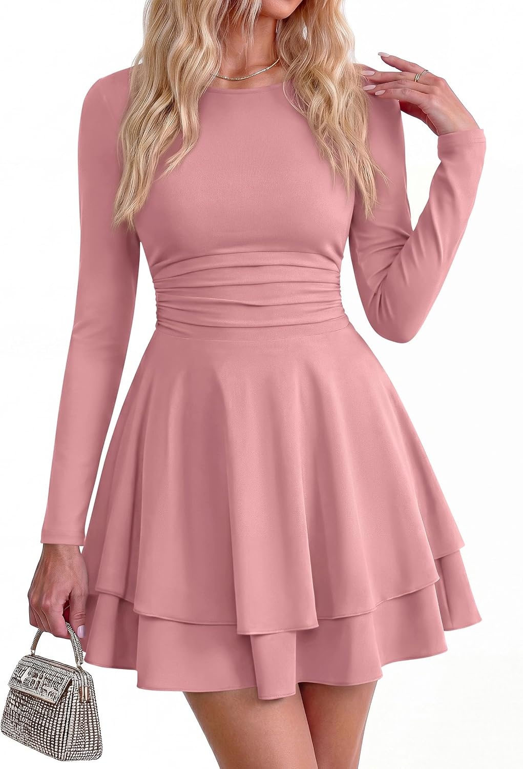 image:imagePRETTYGARDEN Womens Fit and Flare Crewneck Long Sleeve Mini DressPink