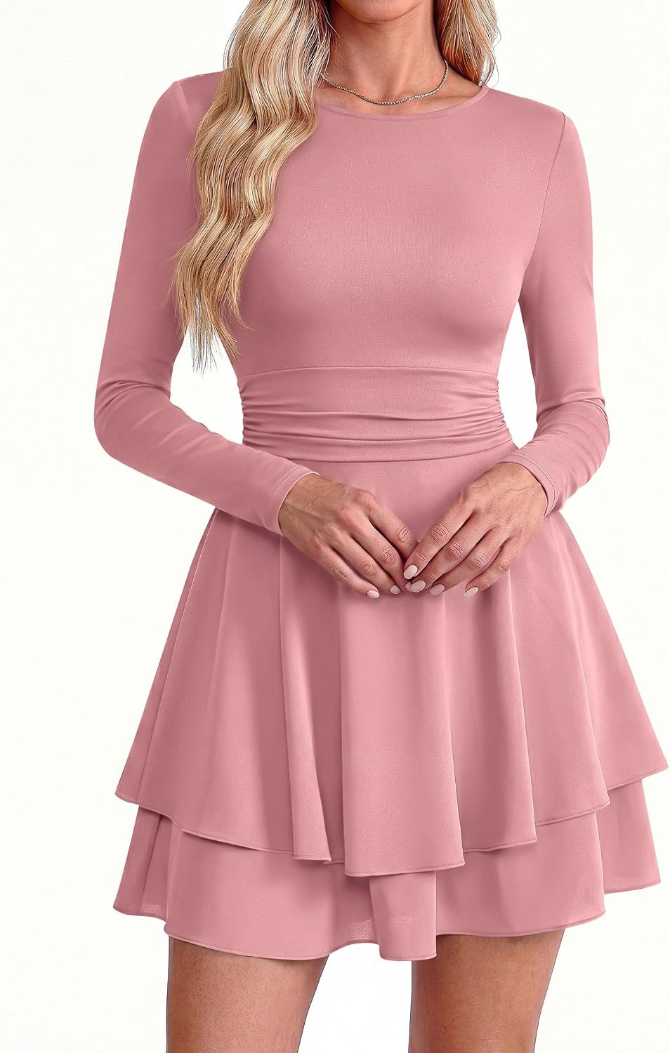 image:imagePRETTYGARDEN Womens Fit and Flare Crewneck Long Sleeve Mini DressPink