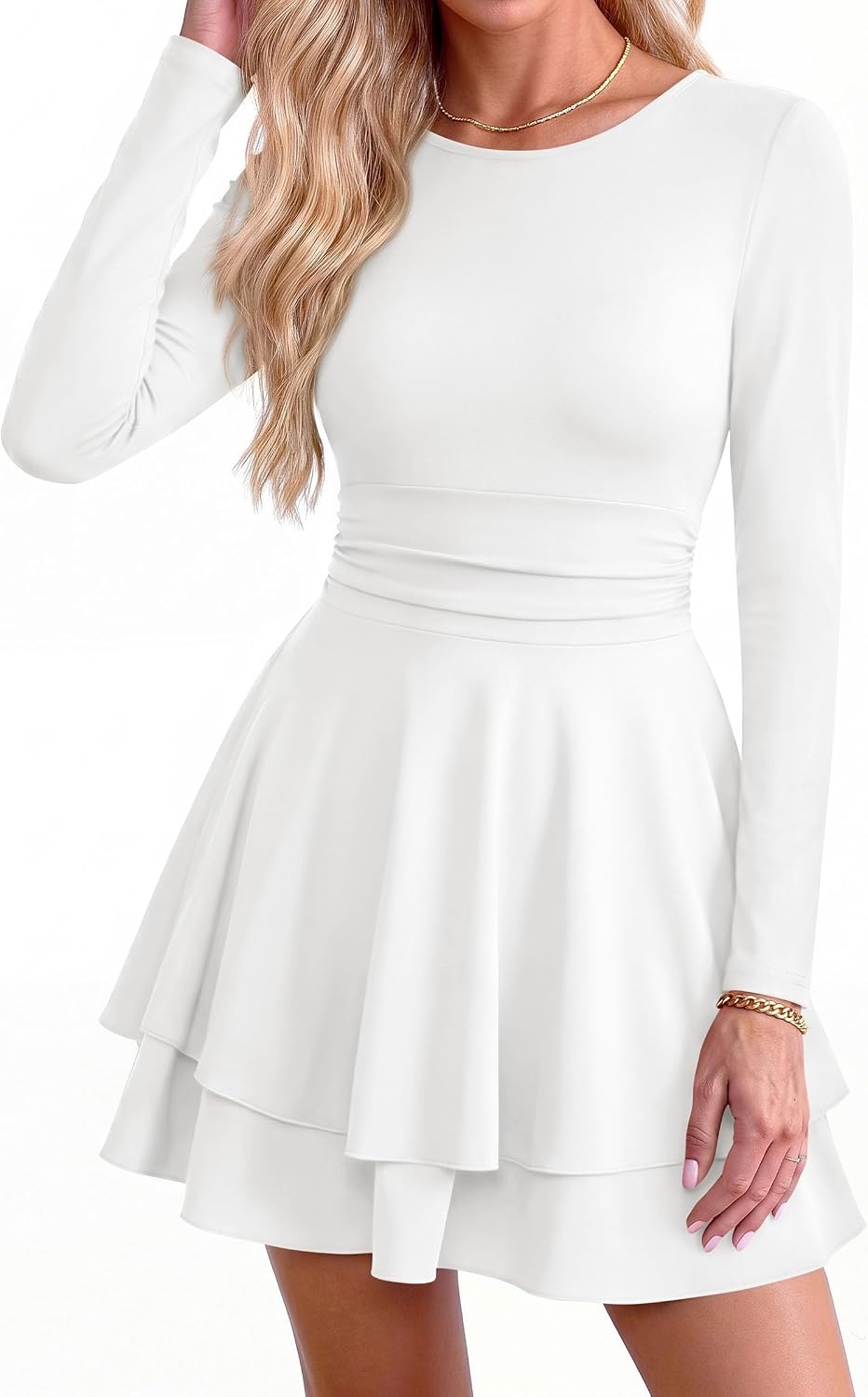 image:imagePRETTYGARDEN Womens Fit and Flare Crewneck Long Sleeve Mini DressWhite