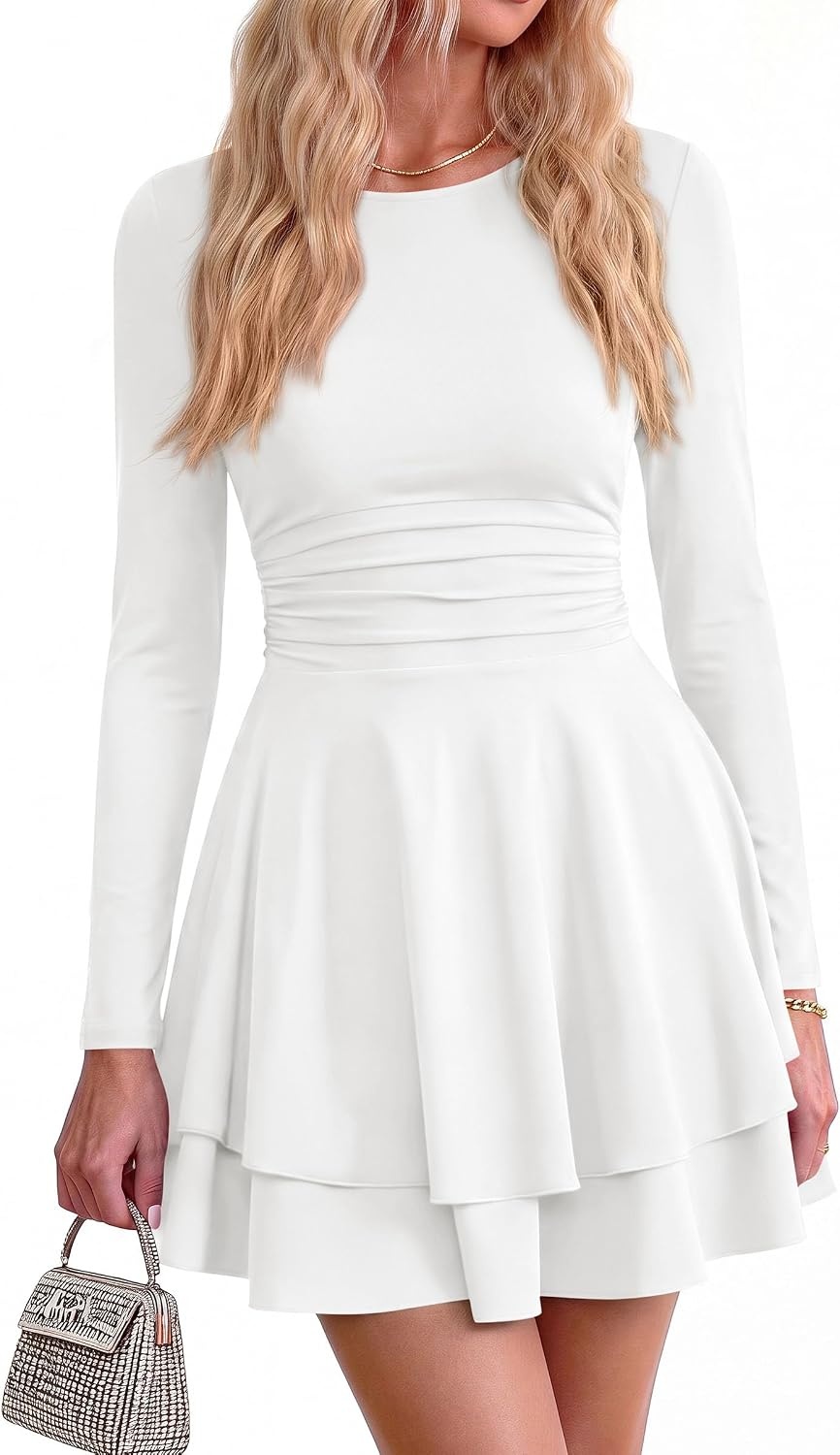image:imagePRETTYGARDEN Womens Fit and Flare Crewneck Long Sleeve Mini DressWhite