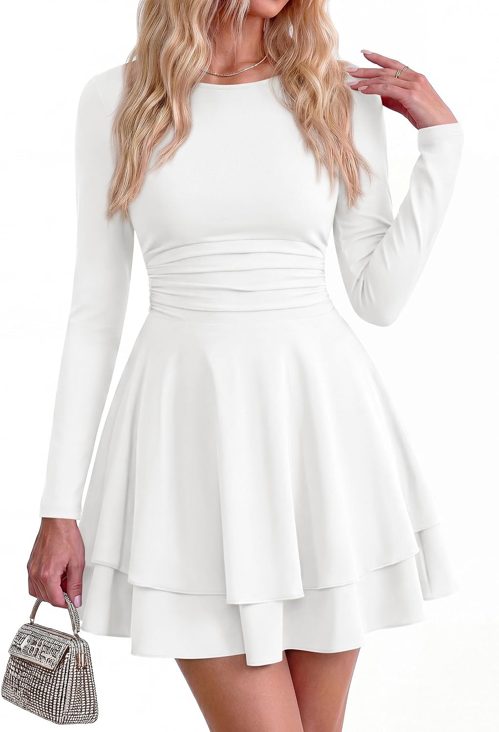 image:imagePRETTYGARDEN Womens Fit and Flare Crewneck Long Sleeve Mini DressWhite