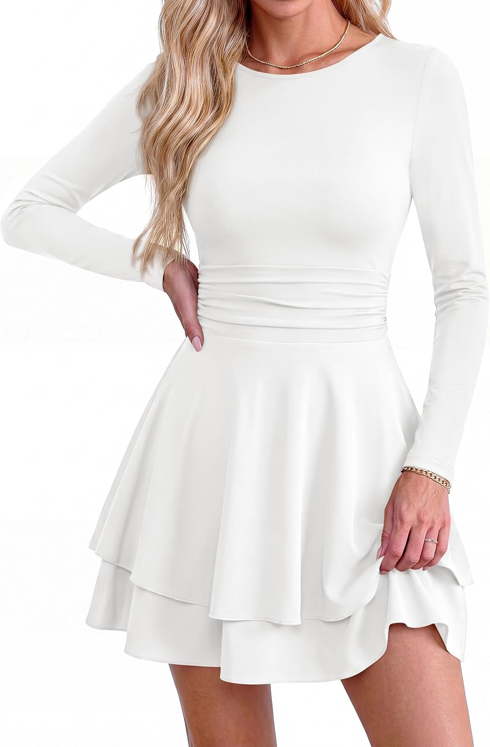 image:imagePRETTYGARDEN Womens Fit and Flare Crewneck Long Sleeve Mini DressWhite