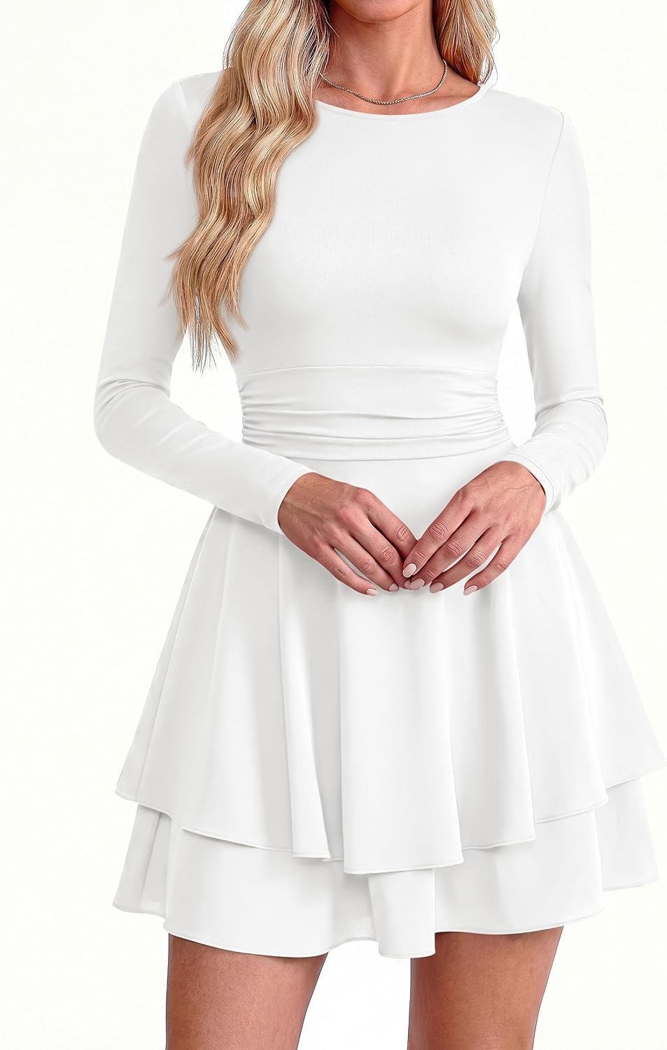 image:imagePRETTYGARDEN Womens Fit and Flare Crewneck Long Sleeve Mini DressWhite
