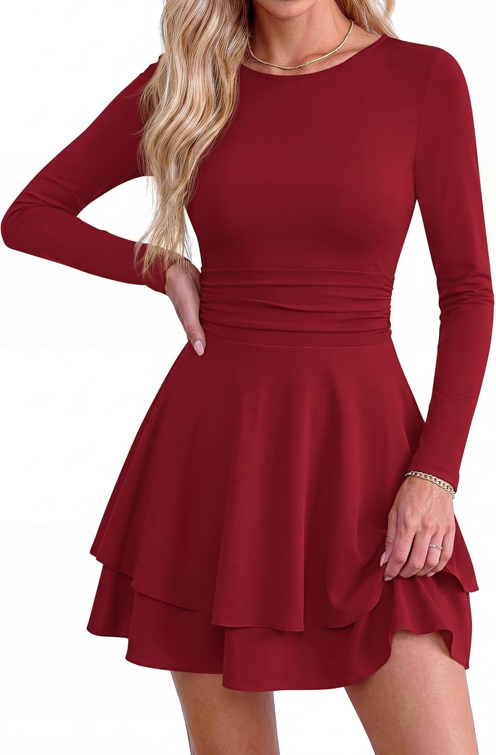 image:imagePRETTYGARDEN Womens Fit and Flare Crewneck Long Sleeve Mini DressWine Red