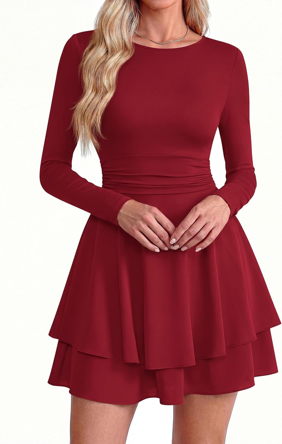 image:imagePRETTYGARDEN Womens Fit and Flare Crewneck Long Sleeve Mini DressWine Red