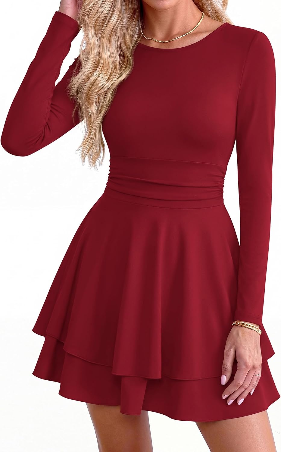 image:imagePRETTYGARDEN Womens Fit and Flare Crewneck Long Sleeve Mini DressWine Red