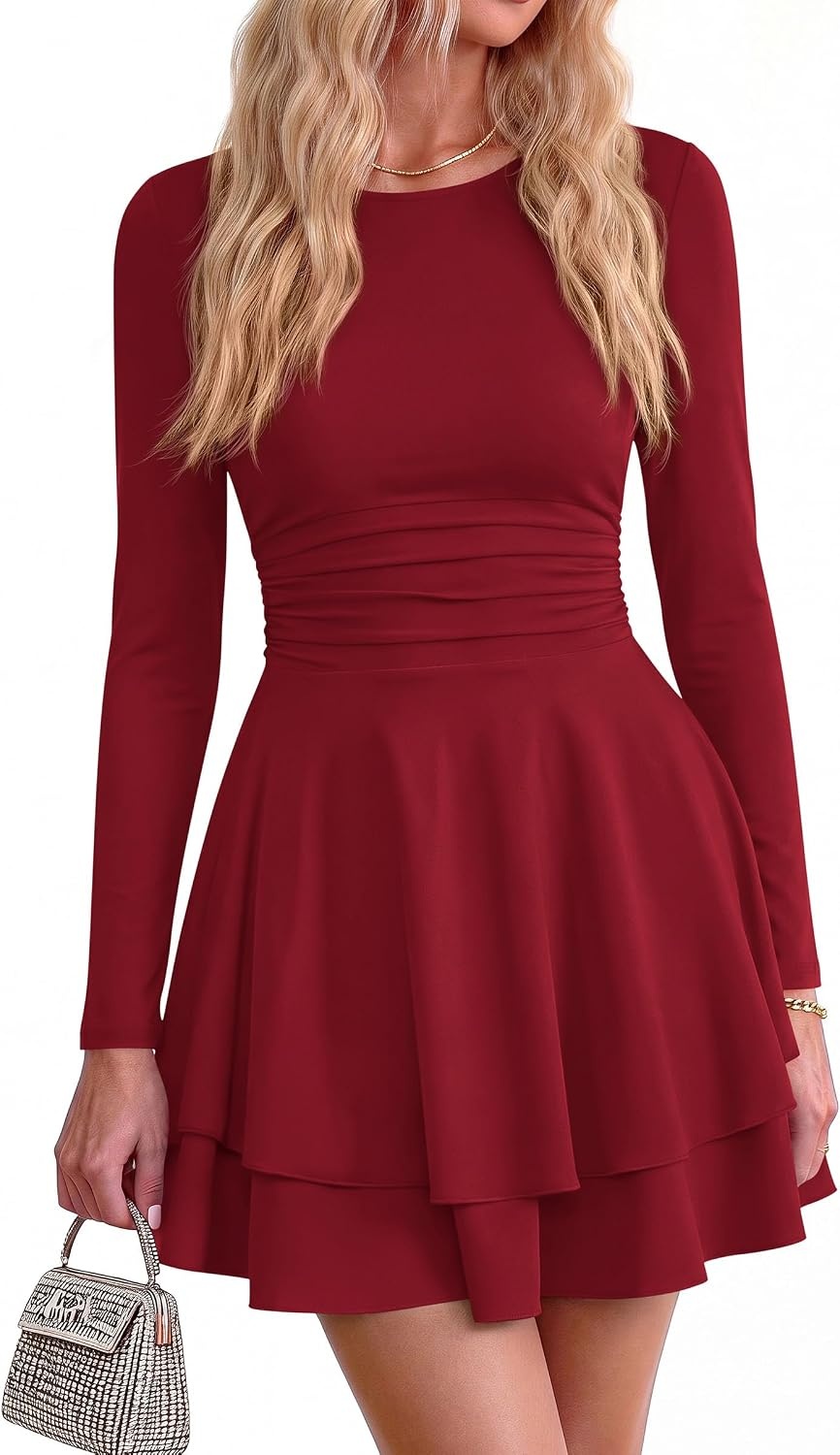 image:imagePRETTYGARDEN Womens Fit and Flare Crewneck Long Sleeve Mini DressWine Red