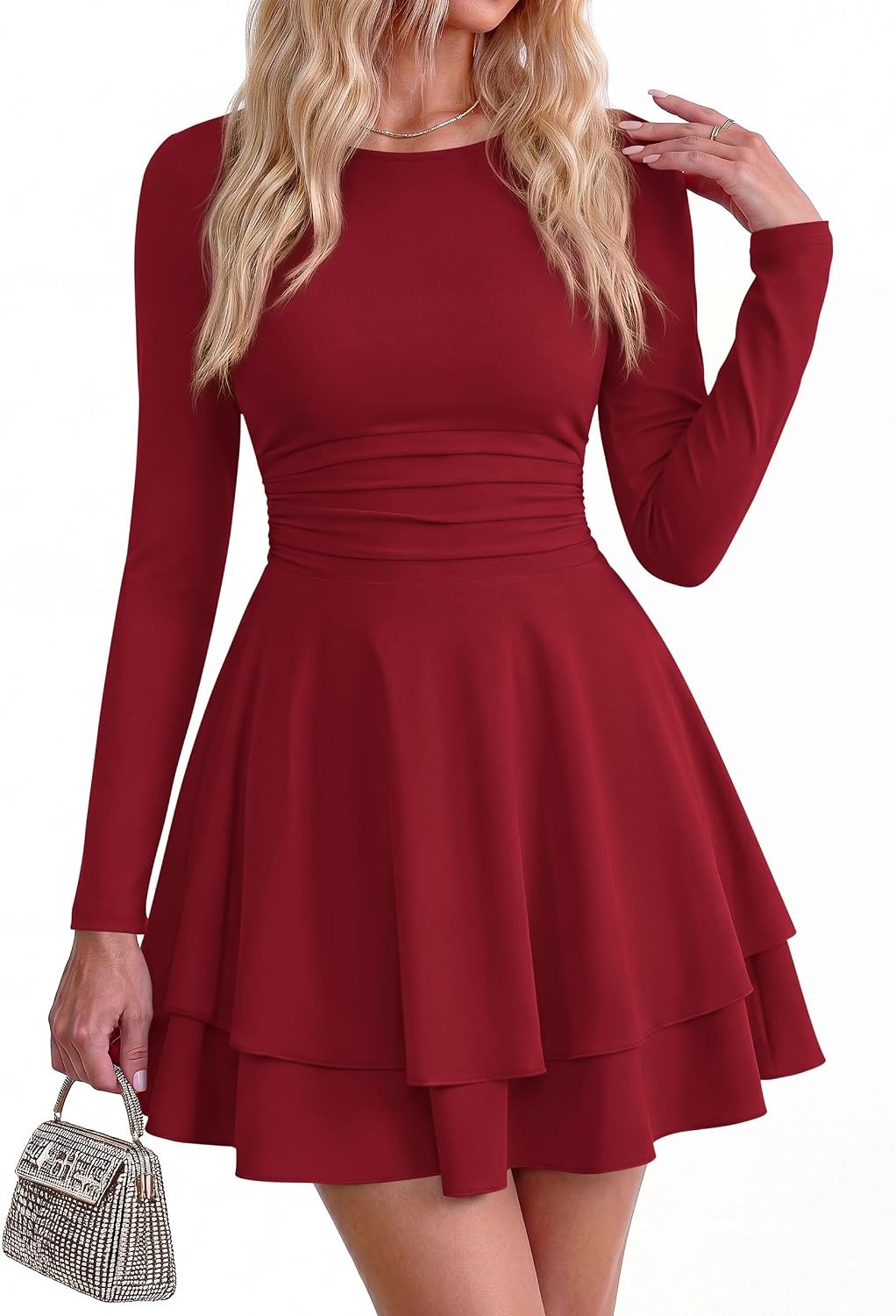 image:imagePRETTYGARDEN Womens Fit and Flare Crewneck Long Sleeve Mini DressWine Red