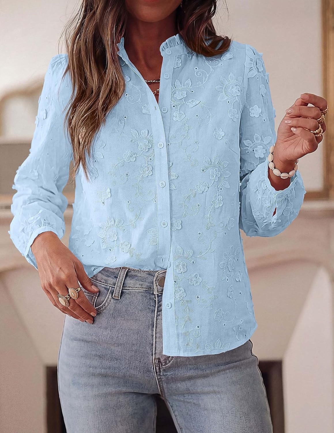 image:imagePRETTYGARDEN Womens Floral Embroidered Button Down ShirtsLight Blue