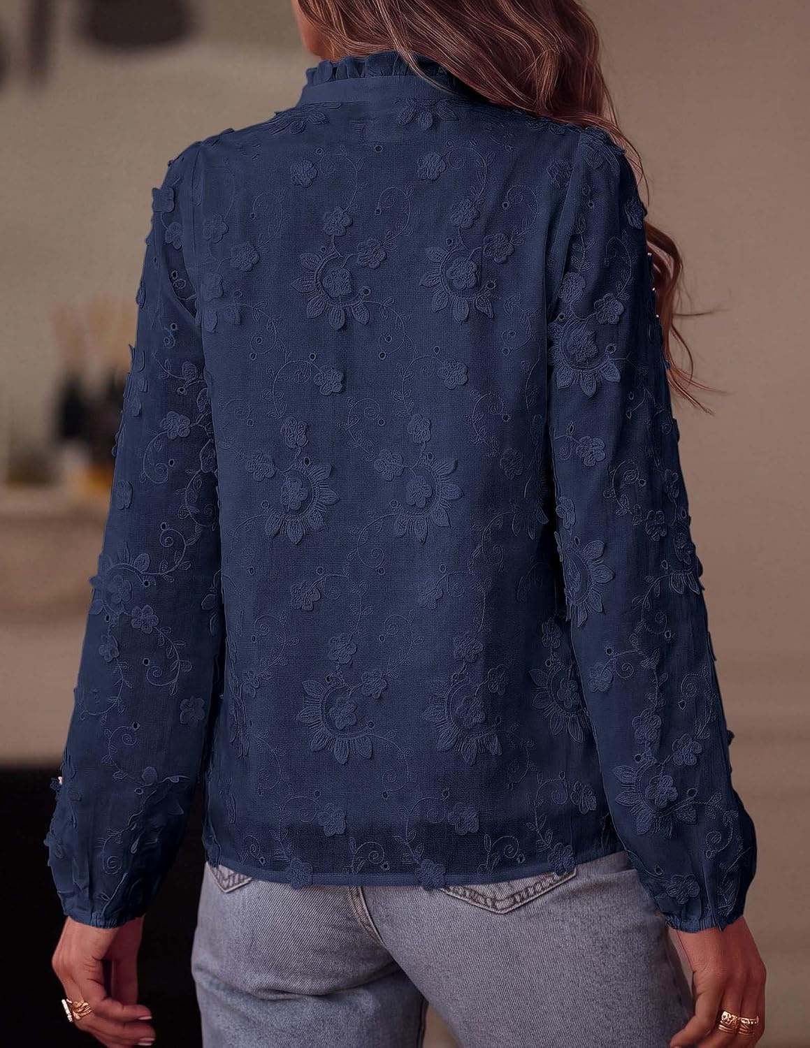 image:imagePRETTYGARDEN Womens Floral Embroidered Button Down ShirtsNavy Blue