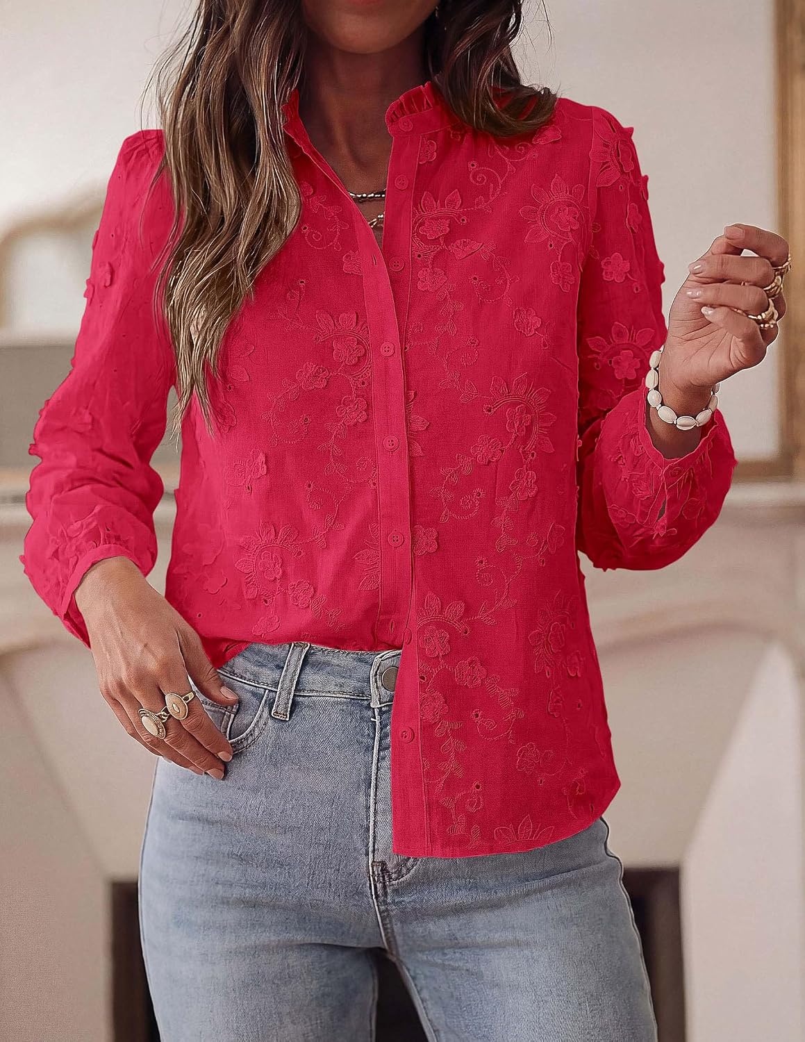 image:imagePRETTYGARDEN Womens Floral Embroidered Button Down ShirtsRed